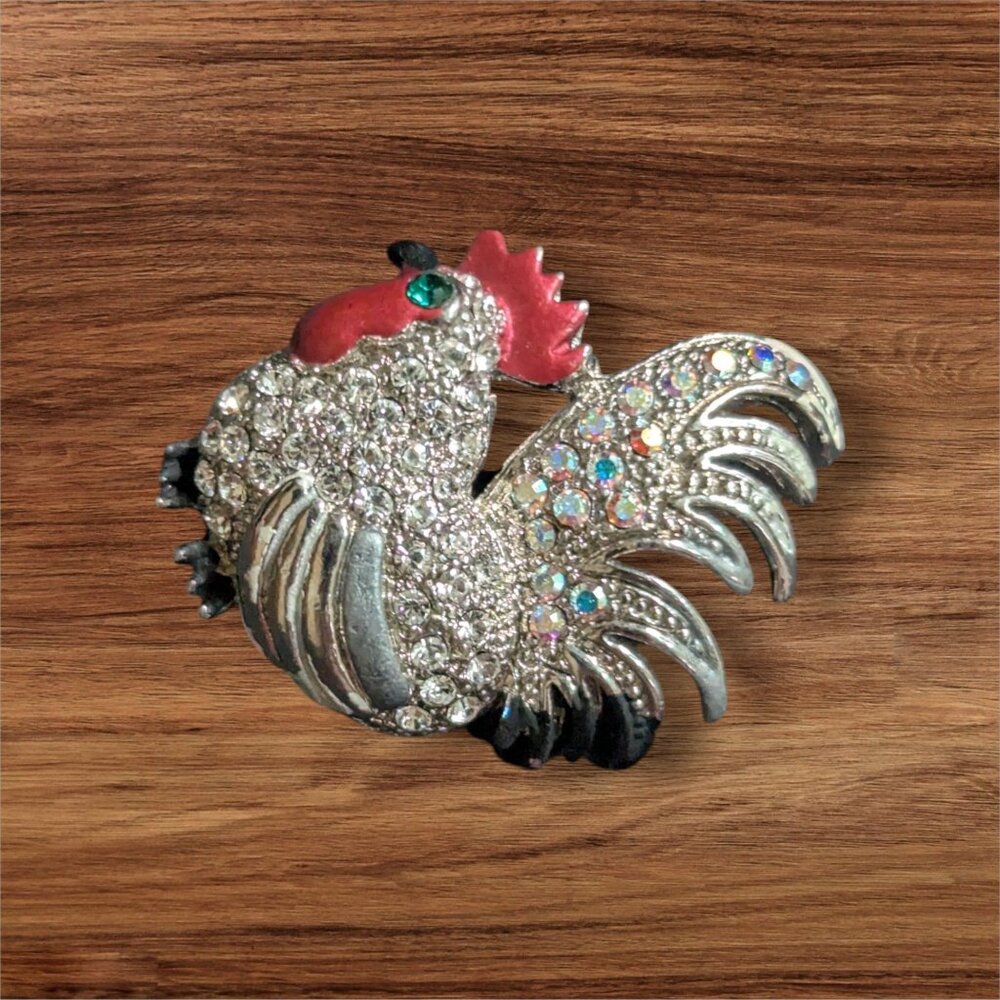 Vintage Gold Crown GC‎ Rooster Brooch Silver Tone Rhinestone Red Enamel